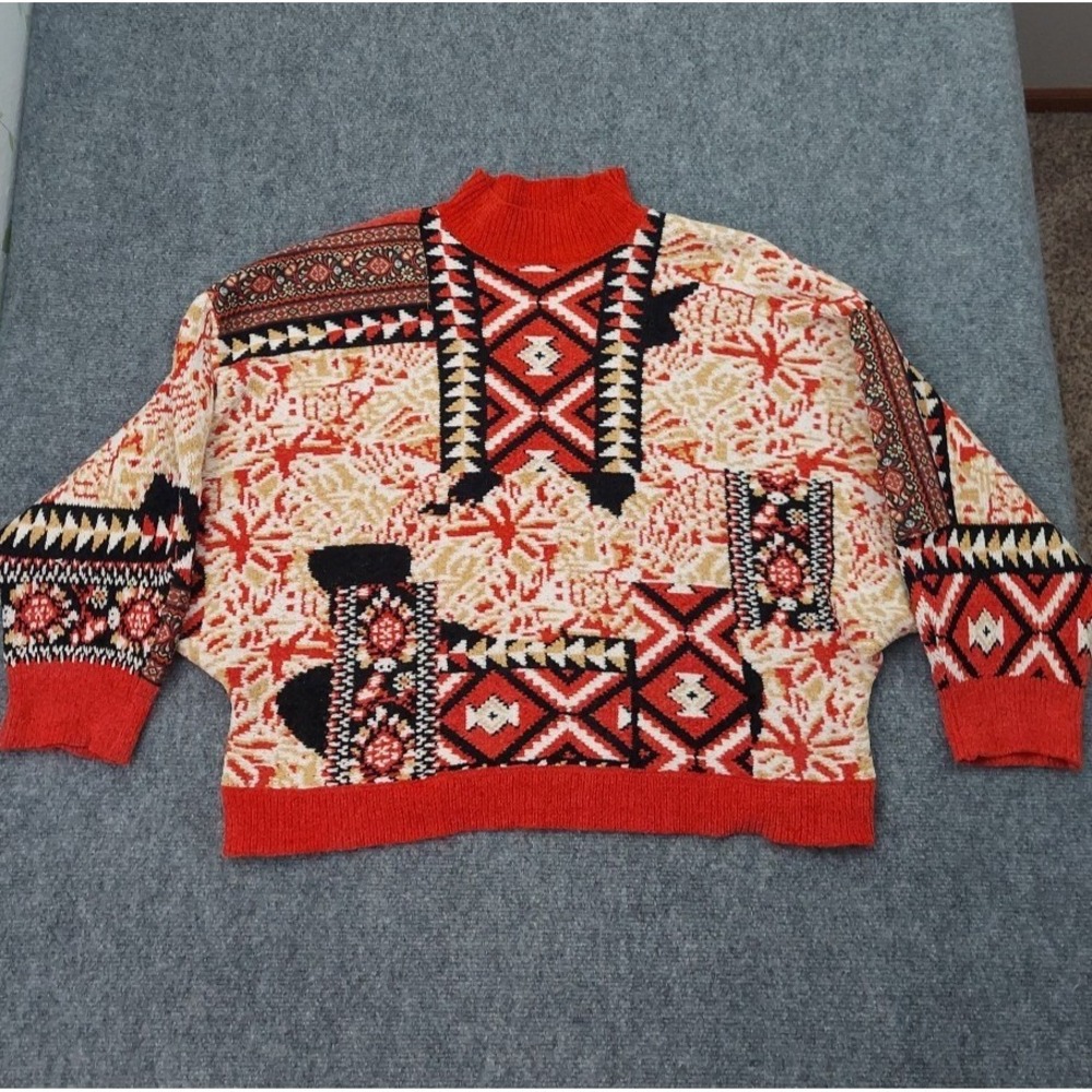 Pol Sweater‎ Womens Small Red Black Batwing Mock Kneck Thick Chunky Knit